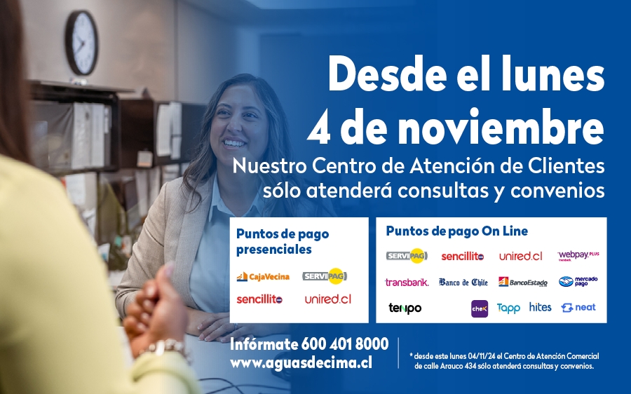 Desde el 4 de noviembre Aguas Décima sólo tendrá canales externos para pagar la cuenta del agua